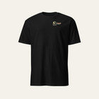 Black tee photographed from the front: small arch and Sasquatch Country on the left chest