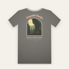 Charcoal tee, back print: Sasquatch Country arched over a sasquatch in the pines under a full moon
