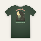 Forest green tee, back print: Sasquatch Country arched over a sasquatch in the pines under a full moon