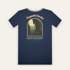 Navy tee, back print: Sasquatch Country arched over a sasquatch in the pines under a full moon