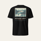 Black tee photographed from the back, showing the full trout print
