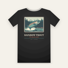 Black tee, back print: a rainbow trout leaping from a mountain river, RAINBOW TROUT below