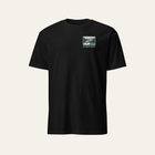 Black tee photographed from the front: small trout print on the left chest