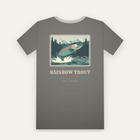 Charcoal tee, back print: a rainbow trout leaping from a mountain river, RAINBOW TROUT below
