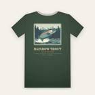 Forest green tee, back print: a rainbow trout leaping from a mountain river, RAINBOW TROUT below