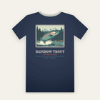 Navy tee, back print: a rainbow trout leaping from a mountain river, RAINBOW TROUT below