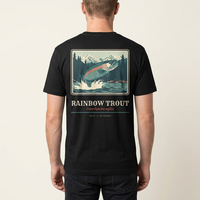 Rainbow Trout Tee in black, back print, worn