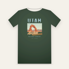Forest green tee, back print: faded UTAH over a sandstone arch at sundown, Arches in retro script