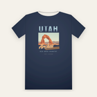 Navy tee, back print: faded UTAH over a sandstone arch at sundown, Arches in retro script
