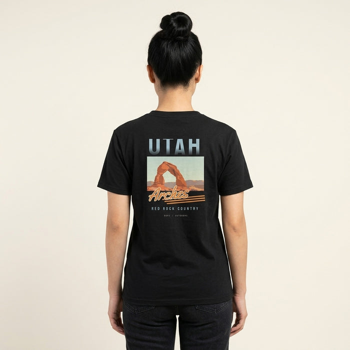 Utah Arches Tee in black, back print, worn