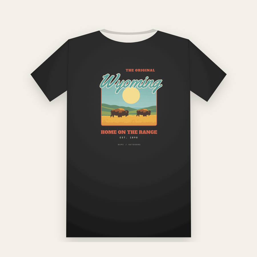 Black tee, back print: Wyoming script over two bison and a big sun, Home on the Range