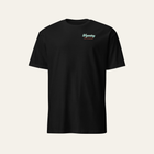 Black tee photographed from the front: small left chest script reading Wyoming