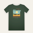 Forest green tee, back print: Wyoming script over two bison and a big sun, Home on the Range