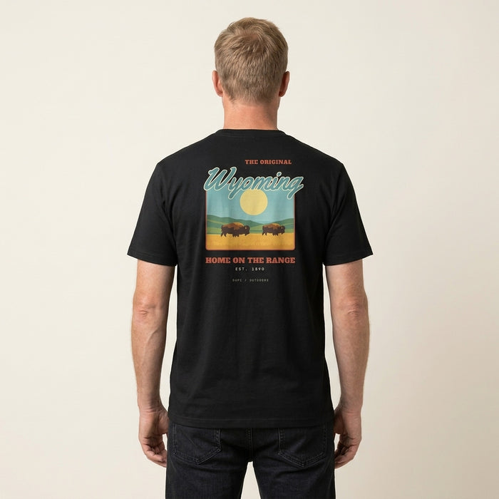 Wyoming Tee in black, back print, worn