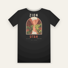 Black tee, back print: a red rock canyon and river inside an arch, ZION above, UTAH below
