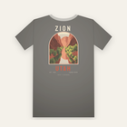 Charcoal tee, back print: a red rock canyon and river inside an arch, ZION above, UTAH below