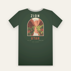 Forest green tee, back print: a red rock canyon and river inside an arch, ZION above, UTAH below