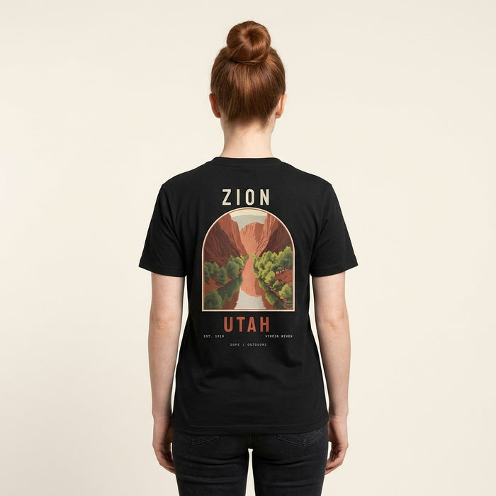 Zion Tee in black, back print, worn