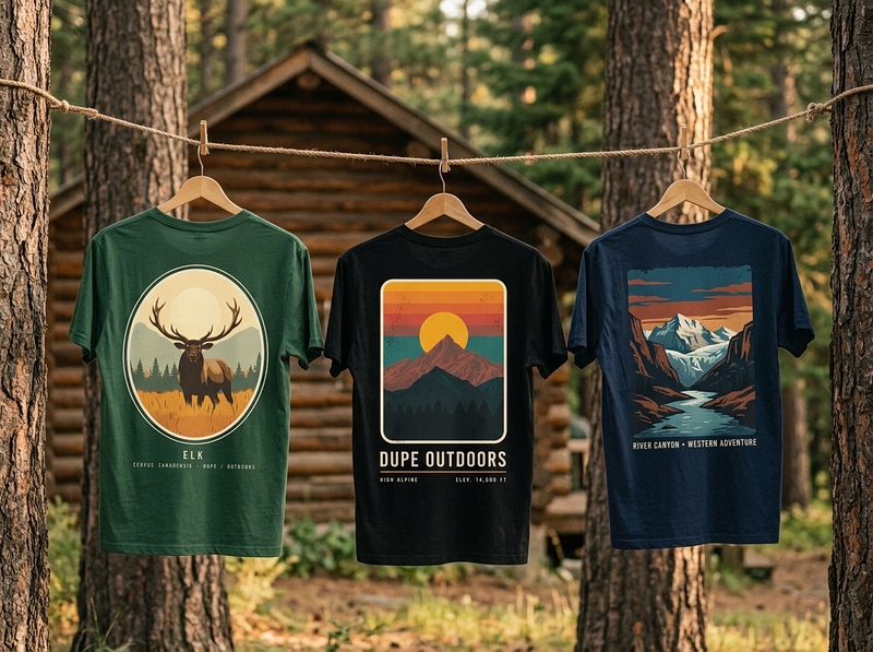 Elk, Ridgeline and Pacific Coast tees on a clothesline outside a cabin