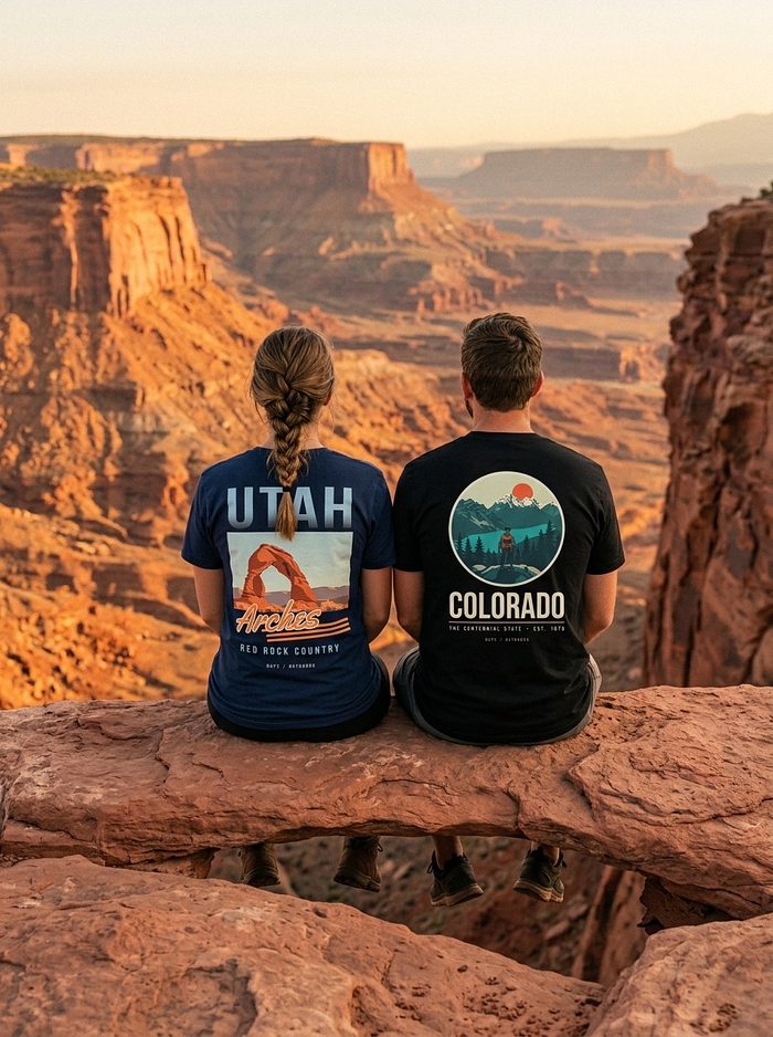 Two friends in Utah Arches and Colorado tees sitting on a red rock canyon rim at golden hour