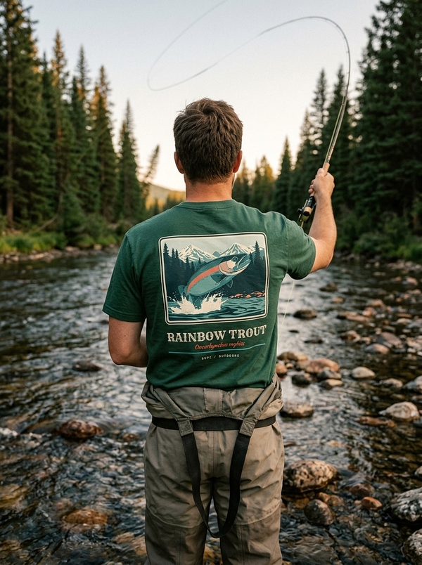 Fly fisherman in a forest green Rainbow Trout tee casting in a mountain river